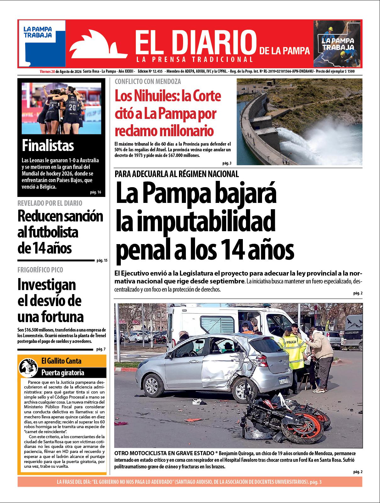 Tapa de El Diario en papel  viernes 28 de agosto de 2026